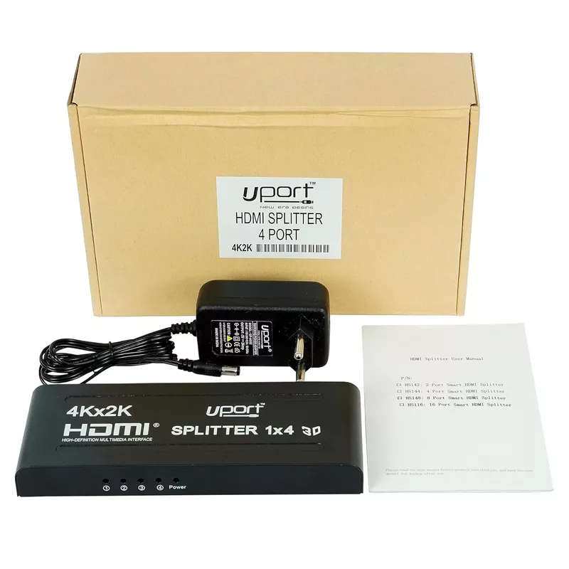 uPort 1x4 HDMI Splitter – 1 Input, 4 Output Ports | Supports 3D 4K x 2K @ 30Hz Full HD | Multi-Monitor Adapter for TVs | Black