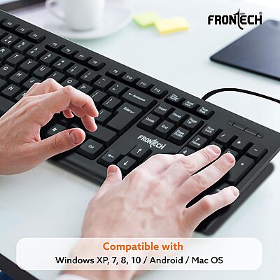 Frontech KB-0032 Wired USB Keyboard – Ergonomic Design | Quiet Keys | Durable Build | Smooth & Comfortable Daily Typing
