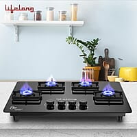 Lifelong 4 Gas Burner Top - 4 Burners Hob Top Gas Stove with Automatic Ignition - Toughened Glass top