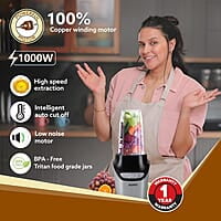 AGARO Marvel Nutri Blender, BPA Free 2 Tritan Jars, 1000W, 100% Copper Motor, 2 Speed Modes with Pulse, Detachable Base, Stainless Steel Blades, Blend, Mix, Grind, Smoothie, Juice Maker, Black