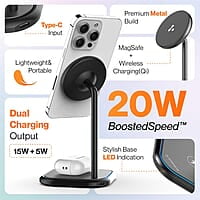 Ambrane 20W MagSafe 2in1 Wireless Charger & Mobile Stand for Both iPhone & Airpods (iPhone 15/15 Plus/15 Pro/15 Pro Max, iPhone 12/13/14 Series) & Qi Devices + Magnetic Ring