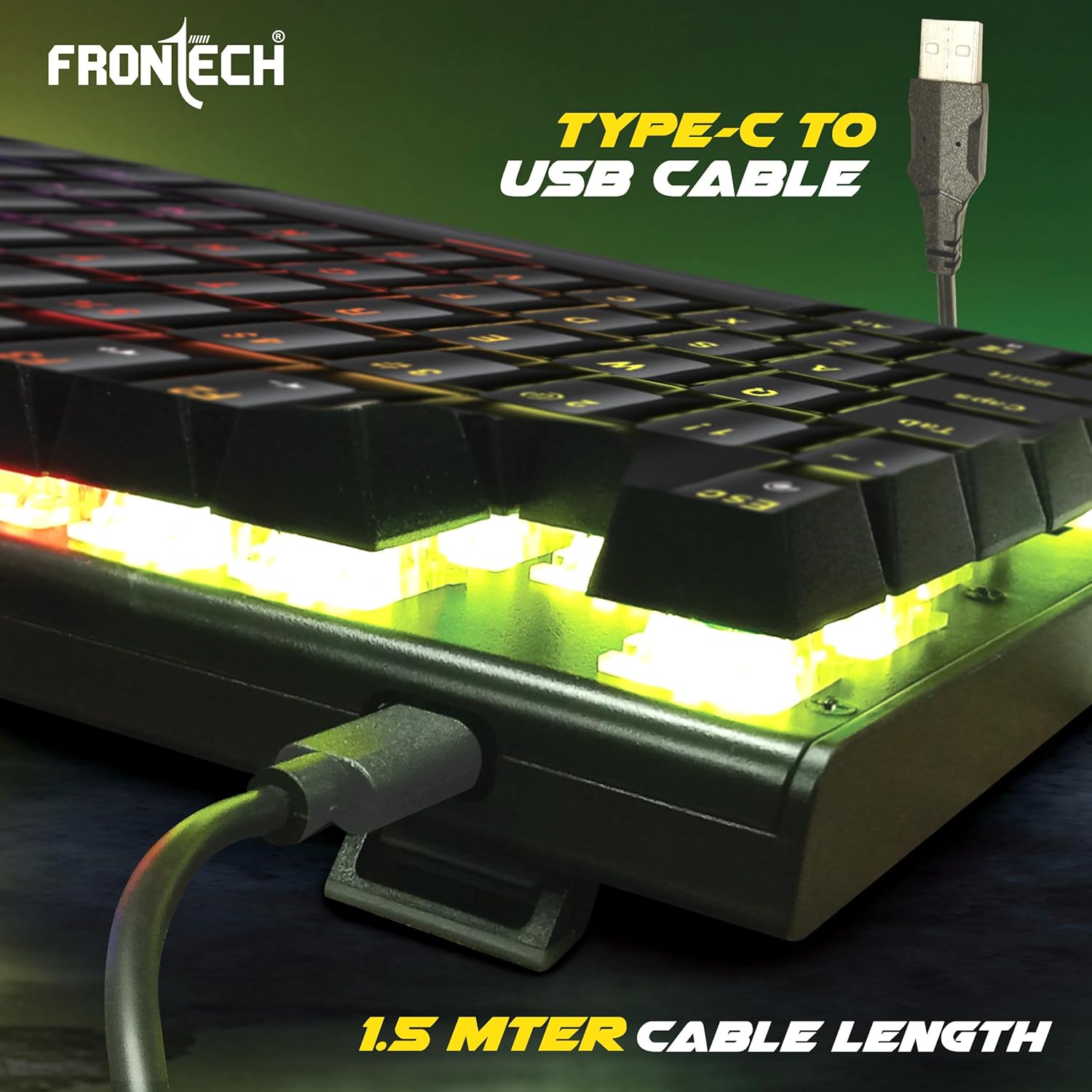 Frontech KB-0014 Wired Gaming Keyboard – Mechanical Keys | Multicolor RGB Backlight | Ergonomic Design with Retractable Stands | USB Plug & Play | 1 Year Warranty