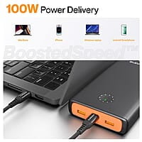 Ambrane 100W Fast Charging Powerbank for MacBook, Type C Laptop & Mobile Charging, 25,000mAh Battery, Triple Output