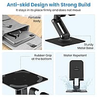 Ambrane 360° Rotation, Foldable Design Mobile Stand with Stable Metalic Round Base, Multiple Height & Angle adjustments Compatible with Smartphones, Tablets, Kindles & iPad Twistand 360