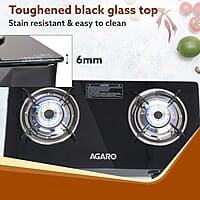 AGARO Elite 2 Burners Gas Stove, Toughened Glass Top, Round Brass Burners, 1 Small & 1 Medium Size Burner