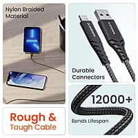 Ambrane USB to Lightning 3A Fast Charging Braided Cable Compatible for iPhone 14,13, 12,11, X, 8, 7, 6, 5, iPad, Macbook, iMac, AirPods, 480Mbps Data Sync, 1.5Meter Long (RCL -15
