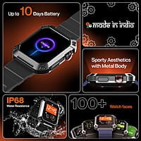 Ambrane 1.85" Uni Pair BT Calling Smartwatch, Rugged & Sporty Metal Body, 10 Days Battery, 500 NITS, 100+ Sports Mode with IP68, Sp02 Tracking, 100+ Watch Faces Stud