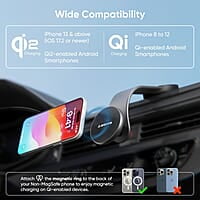 Ambrane 15W Qi-2 Car Dashboard Magnetic Wireless Car Charger for iPhone 15/15 Pro/15 Pro Max, iPhone 14/14 Pro/14 Pro Max, iPhone 13/12, Samsung & Other Qi-2 Device + Magnetic Ring
