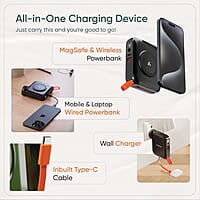 Ambrane 4-in-1 Power Bank, Charger, Magsafe Wireless Charger with Inbuit Cable for MacBook/Type C Laptop, iPhone & Android All-in-1 Device, 65W Fast Charging 15000mAh