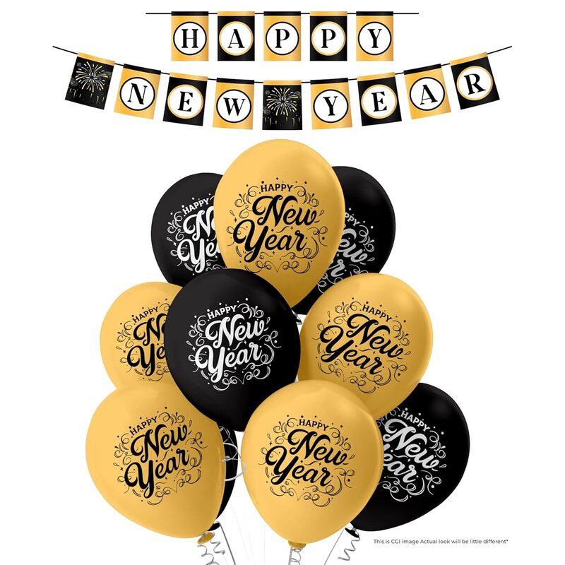 Happy New Year Latex Balloons with Banner, New Year Balloon Decorations Combo Kit Pack of 21pcs Black and Golden Balloons for New Year's Eve Party