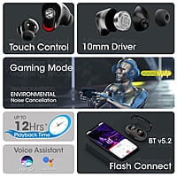Zebronics Zeb-Sound Bomb N2 TWS Wireless in Ear Earbuds with 50ms Low Latency Gaming, ENC, Voice Assistant, Flash Connect, Splash Proof, BT v5.2, up to 12H Backup, Call Function and Type C