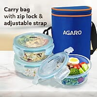 AGARO Elite Borosilicate Glass Lunch Box, 3pcs Set, 400ml Each, Office Tiffin Box with Bag