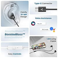 Ambrane Type-C Wired Earphones, 10Mm Bass Drivers, Inline Controls for Type C Smartphones, Iphone 15 & Laptop, 1.2M Braided Anti Tangle Wire with Mic for Clear Calling Stringz 03