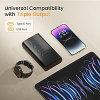 Ambrane 20000mAh Powerbank, 22.5W Fast Charging, Triple Output (2 USB & 1 Type C)