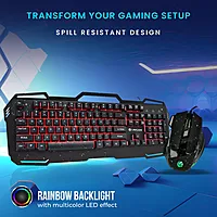 Lapcare LGC‑222 Fighter Champ combo: LED membrane keyboard (50 M keystrokes) + ergonomic 7-button mouse (up to 3600 DPI, 603EP sensor, braided cable).