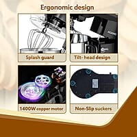 AGARO Regency Stand Mixer With Meat Grinder,1400W with 6L SS Bowl, 1.5L Blending Jar, 6 Speed With Pulse Function, 100% Copper Motor