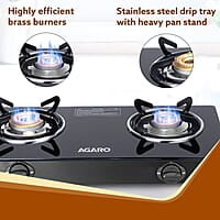 AGARO Elite 2 Burners Gas Stove, Toughened Glass Top, Round Brass Burners, 1 Small & 1 Medium Size Burner