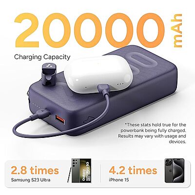 Ambrane 20000mAh Powerbank with in-Build Type C Cable, 22.5W Fast Charging, USB & Type C Output, Power Delivery, Quick Charge  (Stylo N20, Black)