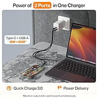 Ambrane 67W Dual Port GaN Charger,Fast Charger Adapter for Laptop, Lenovo, HP, ASUS, Dell, MacBook, iPhone Series, Samsung & Other Devices, USB & Type C Port with QC & PD Technology