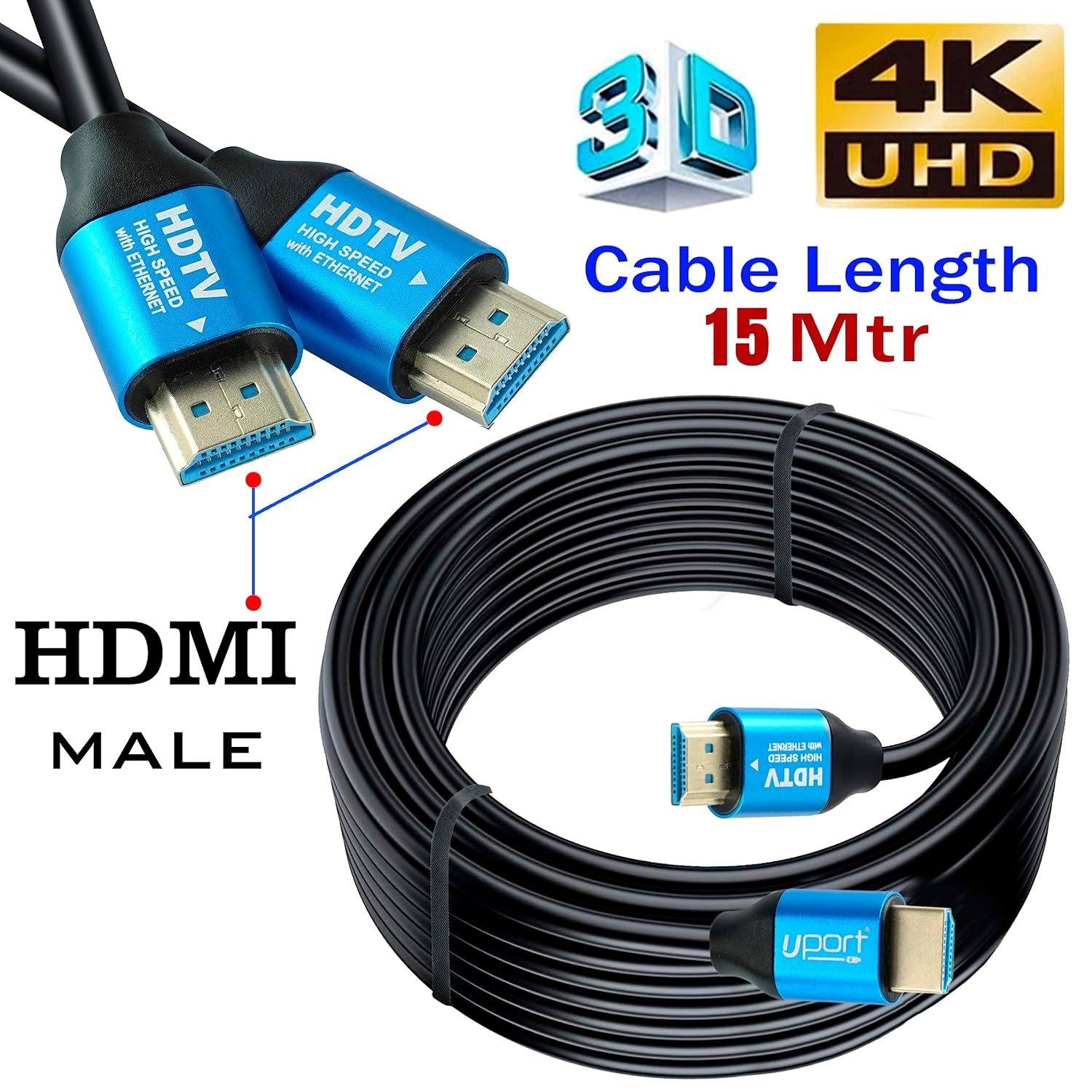 Uport HDMI 1.4 Cable 15m – Supports 4K UHD resolution with Ethernet, ideal for connecting devices like TVs, projectors, and gaming consoles. High-speed data transfer and durable design.