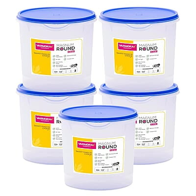 Varmora Magnum Round Smart Kitchen Storage Plastic Container – Blue Lid (2.5 Litres) (Pack of 5)