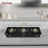 Lifelong 3 Burner Gas Stove Top for Kitchen - Automatic Ignition Cooktop Modern Glass Stove for Modular Kitchen, ISI Certified
