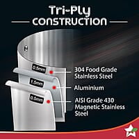 Wonderchef Nigella Tri-ply Stainless Steel 24 cm Kadhai with Lid 2.2 litres 2.6mm Thickness