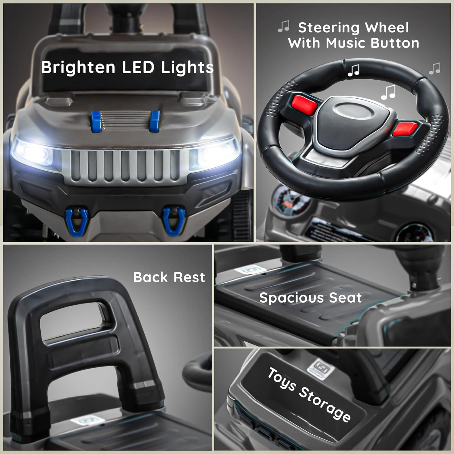 Baybee Push Ride on Baby Jeep for Kids Toys with LED Light & Storage Bin- Grey Baybee Push Ride on Baby Jeep for Kids Toys with LED Light & Storage Bin- Grey