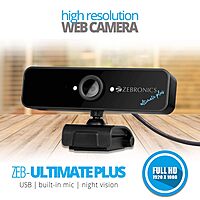 Zebronics Zeb-Ultimate Plus Full HD Web Camera – 1920×1080 | 5P Lens | Built-in Microphone | Night Vision | Brightness Control Pod | Optical Zoom | USB Powered | Black