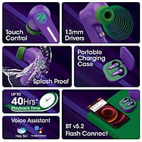Zebronics DC Joker Edition Sound Bomb 7 TWS Wireless in Ear Earbuds with 40H* Backup, Rapid Charge, 50ms Gaming Mode, ENC mic, Voice Assistant, Flash Connect, Splash Proof, BT v5.2 and Type C