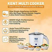KENT Kettle Multicooker Cum Steamer 1.2 liters 800W| Boiling of Water, Tea ,Eggs , Instant Noodle Maker, Steaming idlis, Momos |Inner Stainless Steel without joint and welding & Cool Touch Outer Body