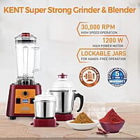 KENT Stainless Steel Super Strong Grinder&Blender|30,000 Rpm Electronic Variables Speed Control|Spill-Proof Lids With Jars|Overheating&Overcurrent Protection|Lockable Jar|Speed Control Switch