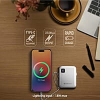 ZEBRONICS MW64 Compact Power Bank, 10000 mAh, Rapid Charge, 22.5W Output, Outputs - Type C Cable | Type C Port | Lightning Port, Percentage Indicator