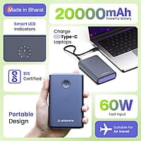 Ambrane 85W Fast Charging Powerbank for MacBook, Type C Laptop & Mobile Charging, 20,000mAh Battery, Triple Output