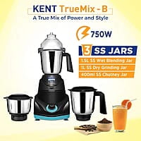 KENT 16065 TrueMix-B 750W | Pulse Function | Auto Shut-Off | 3 Stainless Steel Jars for Blending, Grinding, & Making Chutney