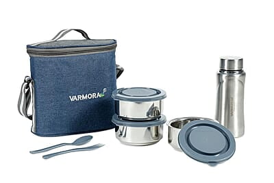 Varmora SS Hot-N-Fresh Stainless Steel Lunch Box Set Set of 3 Containers 300 ml Each with SS Bottle- 500ml