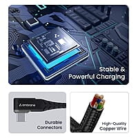 Ambrane Type C Mobile Charging Cable 3A Fast Charging, 1 Meter, L Shaped Braided Cable, 480Mbps