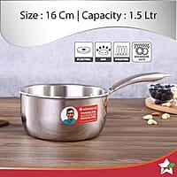 Wonderchef Nigella Tri-ply Stainless Steel 16 cm Sauce Pan 1.5 Liters 2.6mm Thickness Silver