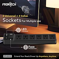 Frontech FT-3512 with 4 universal sockets, 1.5 m cable, LED indicator & surge protection. Compact and safe for home or office use.