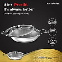 Preethi Diva Collection Triply Stainless Steel Kadai with API Technology, 20 cm, Gas & Induction
