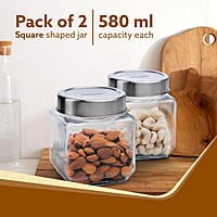 AGARO Elegant Cube Jar 580 ml, Square Shaped, Transparent Lid  Pack of 2.