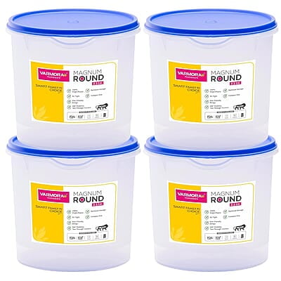 Varmora Magnum Round Smart Kitchen Storage Plastic Container – Blue Lid (2.5 Litres) (Pack of 4)
