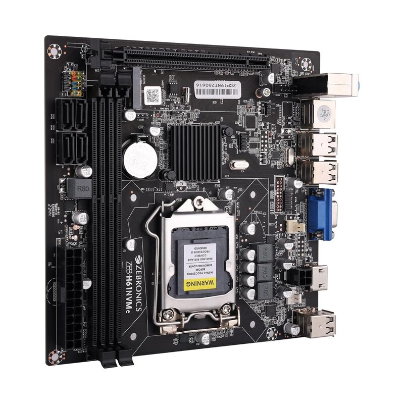 ZEBRONICS H61-NVMe LGA 1155 Motherboard – DDR3 M.2, supports Intel 2nd/3rd Gen CPUs, features PCIe slots, USB 3.0, SATA III, ideal for gaming and productivity, compact design for efficient builds.