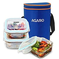 AGARO Elite Borosilicate Glass Lunch Box, 3pcs Set, 320ml Each, Office Tiffin Box with Bag Square