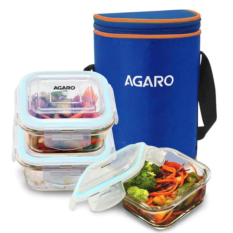 AGARO Elite Borosilicate Glass Lunch Box, 3pcs Set, 320ml Each, Office Tiffin Box with Bag Square