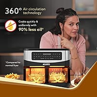 AGARO Imperial Dual Basket Digital Air Fryer, Independent 4.5L Basket, 10 Preset Cooking Modes, 360° Air Circulation, Convection, Digital Touch Display, 2400W