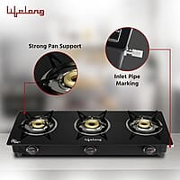 Lifelong 3 Burner Gas Stove Top for Kitchen - Automatic Ignition Cooktop Modern Glass Stove for Modular Kitchen, ISI Certified