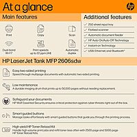 HP LaserJet Tank MFP 2606sdw (Wireless, Print, Copy, Scan, 40-Sheet ADF, Duplex, USB, Ethernet, Bluetooth, 22 ppm, 250-Sheet Tray, 1-Year Warranty)