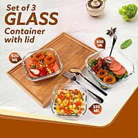 AGARO Borosilicate Glass Container with Lids, 3 pcs Set, 320ml, 520ml & 800ml Square