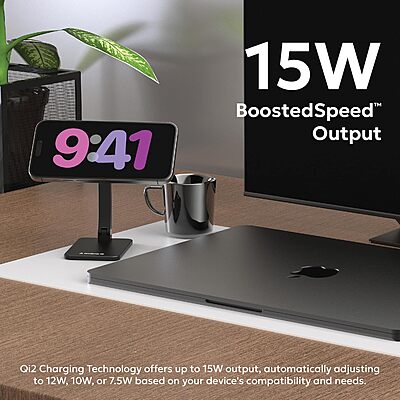 Portronics Qi2 MagSafe 15W Wireless Charger for iPhone 15–16 | Foldable | Black